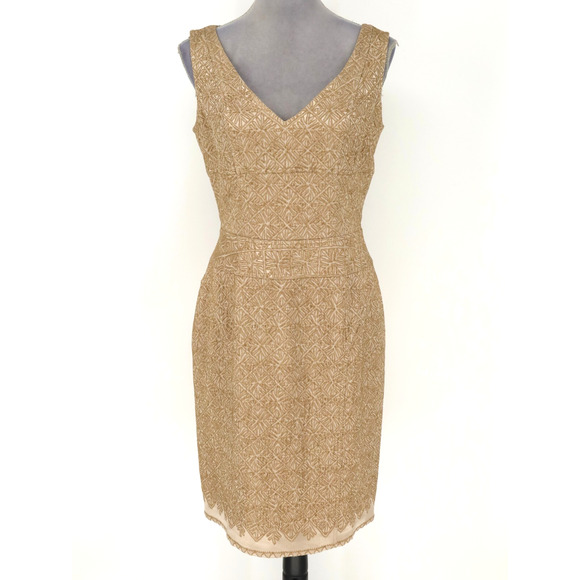 Kay Unger Dresses & Skirts - Kay Unger Dress Womens 8 Gold Brocade Sheath Sleeveless V Neck Back Zip Lined
